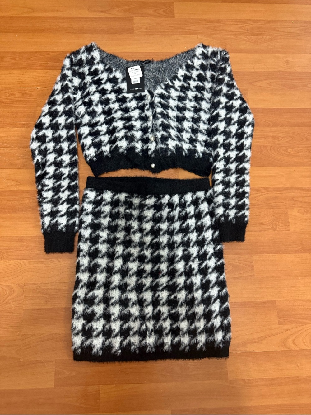 Fashion Nova Black & White Houndstooth Fuzzy Sweater Cardigan and Skirt Set
